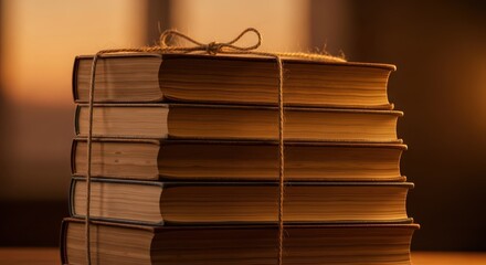Stack of antique volumes securely bound with natural twine against a warm background glow