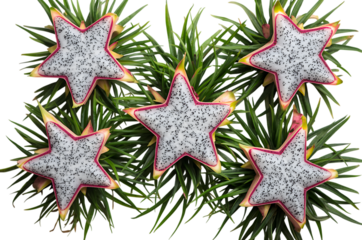 Star shaped cookies decorated with icing and sprinkles on a pine branch