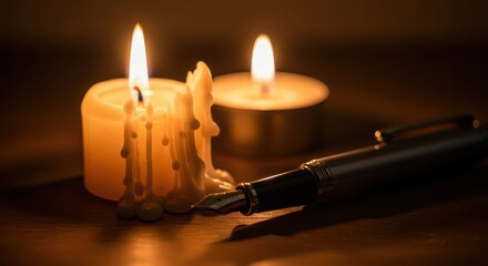 Illuminated writing instrument rests beside dripping wax from burning devotional lights