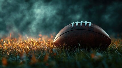 lonely leather football resting on dewy grass at dusk with smoky atmospheric lighting, close-up evoking anticipation and quiet tension
