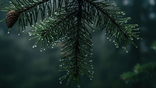 Evergreen pine tree branches with fresh raindrops and cones on a dark moody background. Natural panoramic banner for a website header or tranquil nature concept