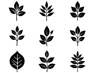 A symmetrical black-and-white composition of stylized leaves and branches, arranged in a grid of nine