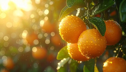 Ripe Oranges on Tree Branch in Golden Sunlight.