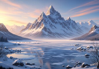 Winter sunrise and sunset panorama over snowy mountain range with reflection in the icy lake water
