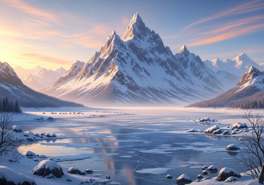 Winter sunrise and sunset panorama over snowy mountain range with reflection in the icy lake water