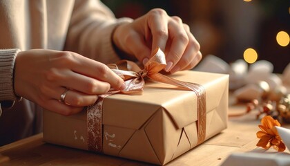 Wrapping a Christmas Gift with Brown Paper and Ribbon.