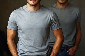 Two men in gray t-shirts standing close with relaxed confident expressions, muscular arms and partial bearded faces, one with hand in pocket against a neutral background