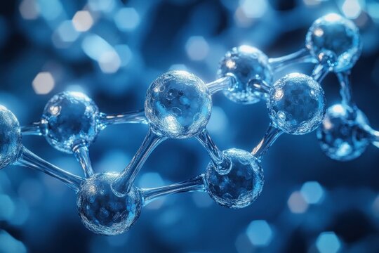 Close-up of glossy blue spherical molecules linked by translucent glowing bonds, a scientific molecular network evoking wonder, precision, and futuristic discovery