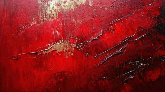 textured deep red abstract painting with gold highlights and dark raised brushstrokes evoking intense passion and dramatic energy - Powered by Adobe