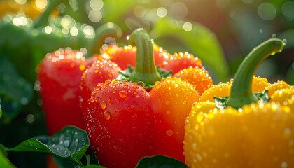 Colorful Bell Peppers with Water Droplets in Garden.