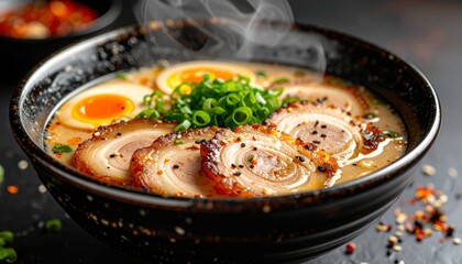 Delicious Ramen Bowl with Pork, Egg, and Green Onions.