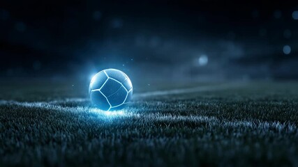 Futuristic glowing soccer ball on dark grass field with bright blue energy lines and bokeh lights - Powered by Adobe