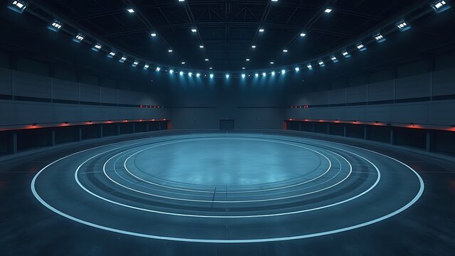 velodrome. Vast empty indoor cycling arena with circular track under dim lighting. event key visuals, club posters, designed for sports event promotions and stadium branding.
