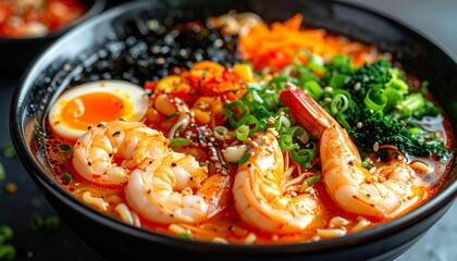 Delicious Shrimp Ramen Bowl with Egg and Vegetables.