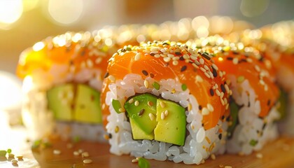 Delicious Salmon Avocado Sushi Rolls - A Close-Up View of Japanese Cuisine.