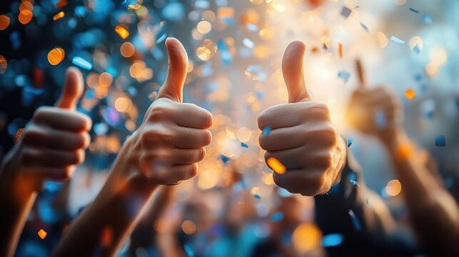 Close-up of multiple hands giving thumbs up amid falling confetti and warm bokeh lights, a joyful celebratory crowd expressing approval and excitement - Powered by Adobe