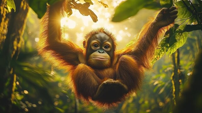 orangutan hanging from tree branches in a sunlit tropical rainforest, warm golden glow and peaceful curious mood