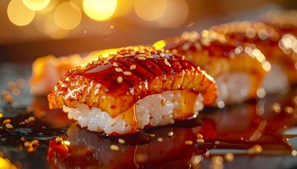 Delicious Unagi Nigiri Sushi with Sweet Sauce and Sesame Seeds.