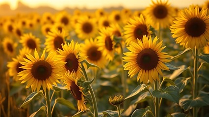 capitulate. Sunflowers swaying in a field during golden hour, nature scene. gardening catalogs, home-decor guides, designed for home decor and floral branding and gardening and botanical catalogs.