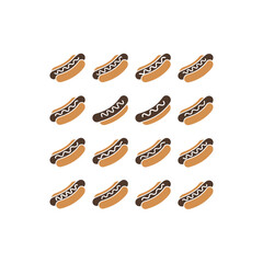 A grid of sixteen illustrated hot dogs in buns, topped with zigzag and wavy lines of sauce on a white background.