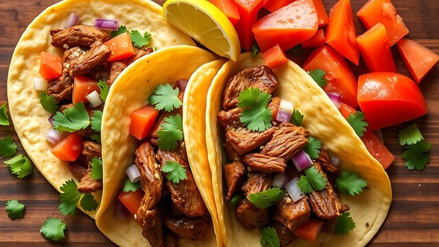 carnitas. Traditional Mexican tacos with pork carnitas and fresh toppings in a flat lay. menu design, packaging mockups, designed for food delivery and cloud-kitchen brand materials.