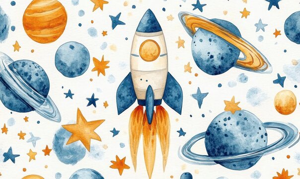 whimsical watercolor space scene with a rocket blasting off among blue and orange planets, ringed worlds, scattered stars and cheerful splashes