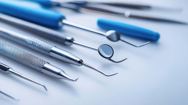 close-up of stainless steel dental instruments with blue handles arranged on a clean surface conveying clinical precision and sterile professionalism