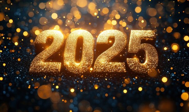 gold glitter numbers 2025 on a dark sparkling surface with warm bokeh lights and floating sparkles, festive celebratory mood conveying hope and excitement for the new year