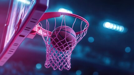 Basketball swishing through rim and net beneath glowing arena lights, close-up of hoop, backboard edge and blurred stadium crowd conveying triumphant exhilaration