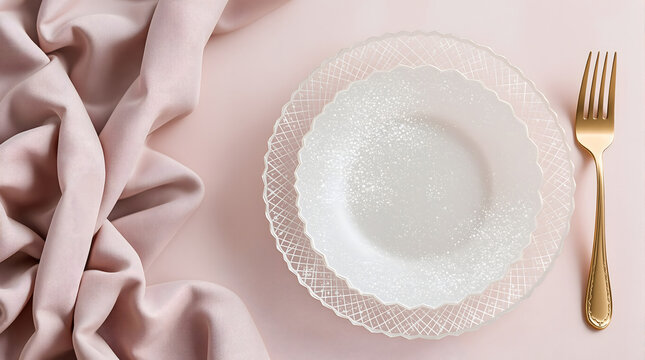 Elegant table setting with delicate white plates and golden fork, perfect for wedding reception mockups, sophisticated dinner parties and stylish lifestyle content