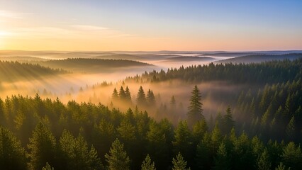 Fototapeta premium Sunrise Over Forested Mountain Landscape with Mist in the Distance