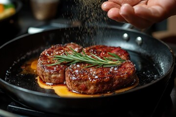 Two seared beef steaks in a hot skillet topped with a rosemary sprig as a hand sprinkles coarse salt, glistening with butter and juices, mouthwatering and indulgent