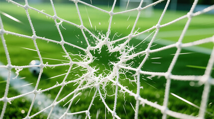 Thrilling soccer goal moment with a soccer ball hitting the net, celebrating a winning game, embodying the spirit of competition and teamwork