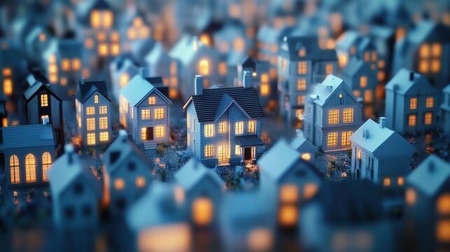 Tranquil miniature suburban neighborhood at dusk with closely packed two-story houses, warm glowing windows and soft blue evening light evoking a cozy, peaceful mood