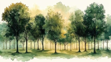 serene sunlit watercolor grove of tall green trees with misty background and dappled light over a grassy forest floor, calm and peaceful mood