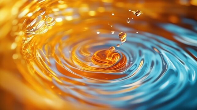 golden droplet splashing into blue and amber water with swirling ripples and shimmering reflections, calming yet energetic close-up