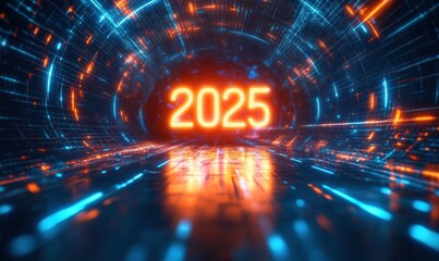 huge glowing 2025 numerals in a neon futuristic tunnel with blue and orange digital lights and reflective floor, conveying energetic hopeful technological optimism