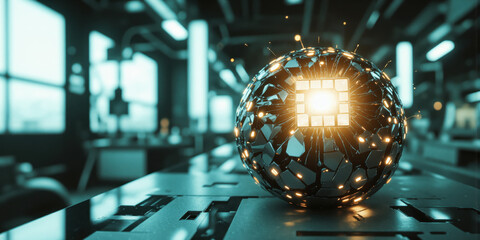 AI Brain Chip Conceptual Art A glowing microchip embedded in a human brain model, emitting golden light particles against