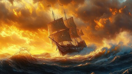 A three-masted wooden sailing ship with full sails struggling through towering waves under a fiery golden sky, dramatic adventurous and ominous mood