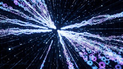 Abstract Digital Data Stream with Bright Purple Blue Light Particles in Black Background