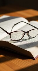 Reading glasses rest upon the open pages of a book illuminated by bright sunlight.