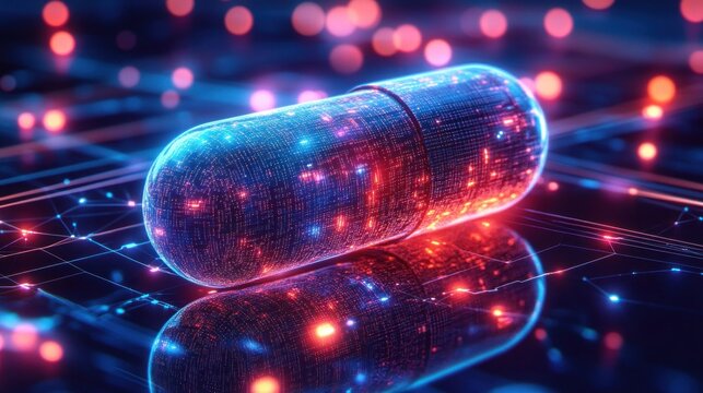 Glowing digital capsule on a reflective circuit grid with neon blue and red data lights and bokeh, evoking awe and futuristic high-tech wonder