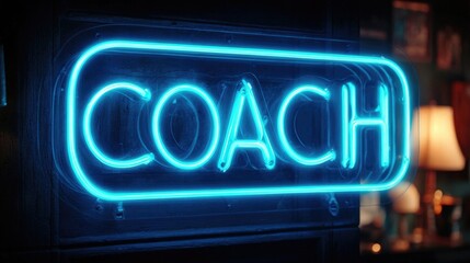 Cyan neon "Coach" glows softly--clear, encouraging tone for support themes.