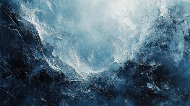 swirling frozen ice cavern with deep blue crevices and frosted textured surface evoking cold dramatic mysterious serenity