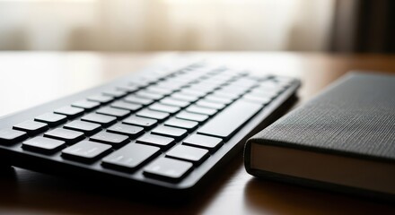 Slim wireless computer keyboard rests beside a closed textured notebook on a wooden surface.