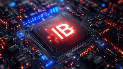 glowing central microchip with illuminated stylized emblem on a detailed circuit board, vibrant red and blue lights conveying futuristic power and intensity