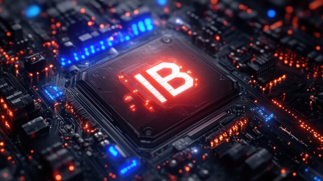 glowing central microchip with illuminated stylized emblem on a detailed circuit board, vibrant red and blue lights conveying futuristic power and intensity