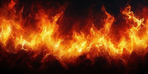 Roaring orange and yellow flames stretching horizontally against a dark background conveying intense heat, fury and dynamic energy