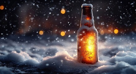 frost-covered amber glass bottle glowing warmly in snow at night with falling snowflakes and soft bokeh lights, evoking a cozy magical winter solitude