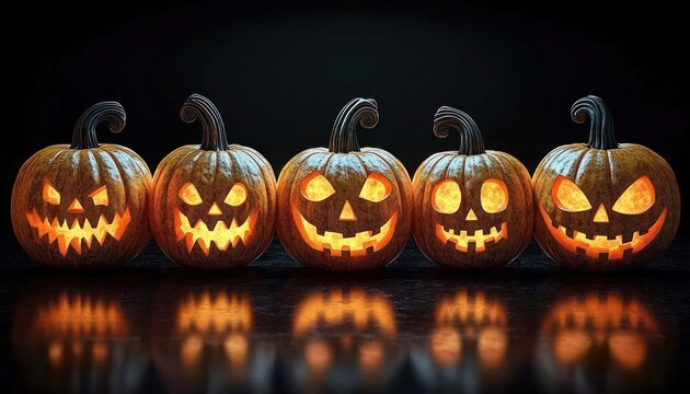 Five glowing carved jack-o'-lantern pumpkins lined up on a reflective surface in a dark setting, casting warm eerie reflections and playful spooky expressions